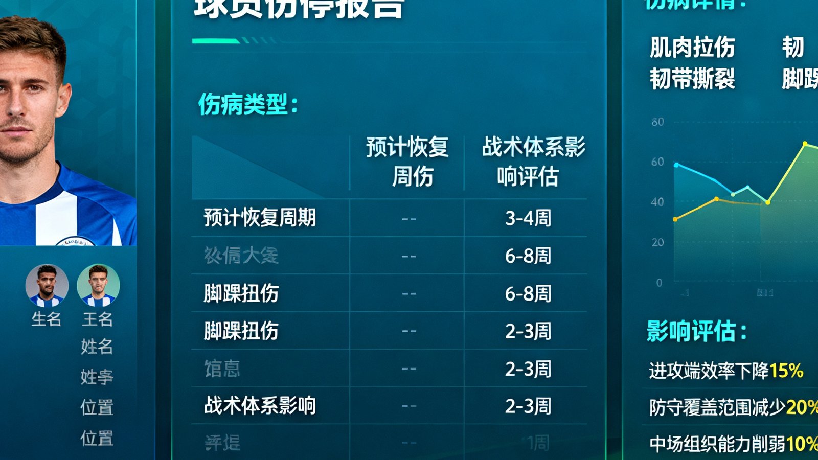 球员伤停报告界面展示详细伤病类型、预计恢复周期及对球队战术体系的影响评估数据